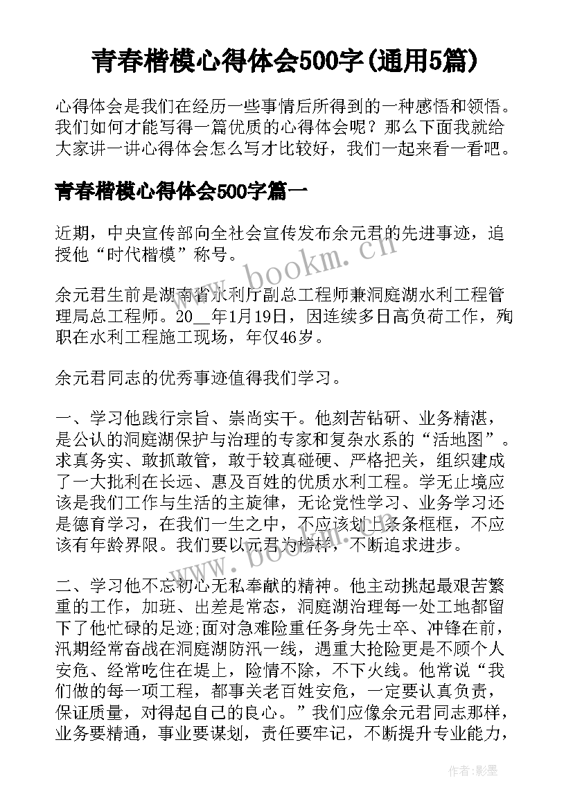 青春楷模心得体会500字(通用5篇)