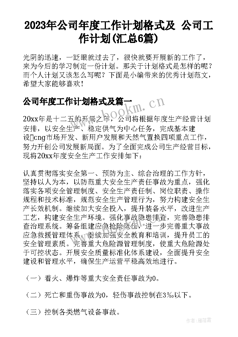 2023年公司年度工作计划格式及 公司工作计划(汇总6篇)