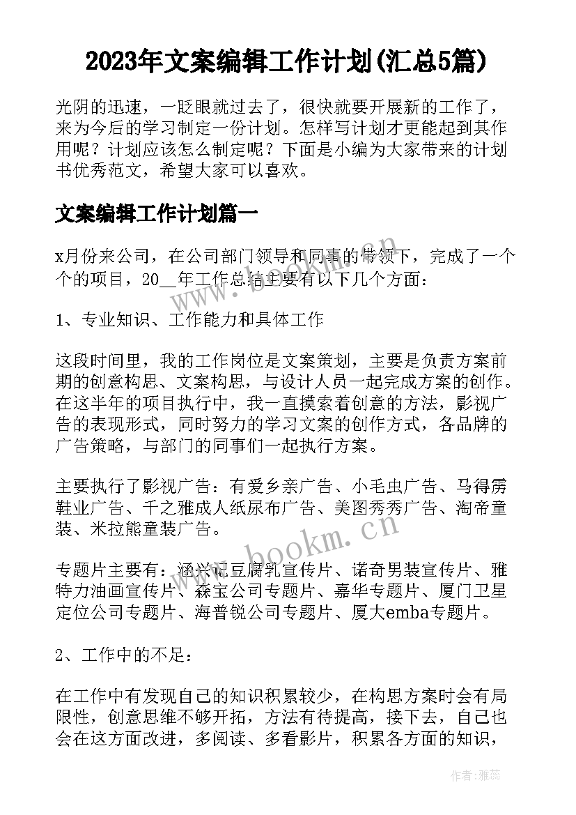 2023年文案编辑工作计划(汇总5篇)