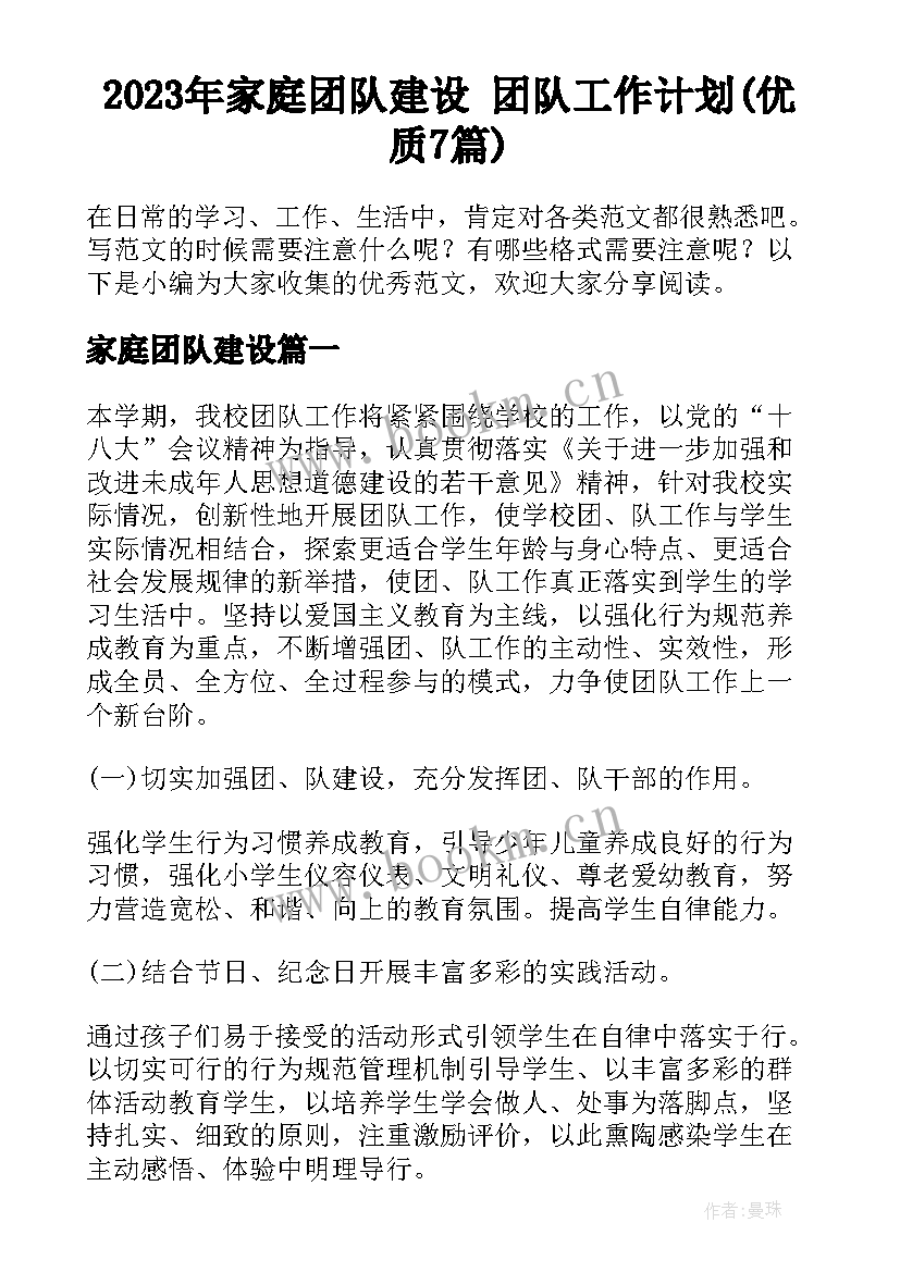 2023年家庭团队建设 团队工作计划(优质7篇)