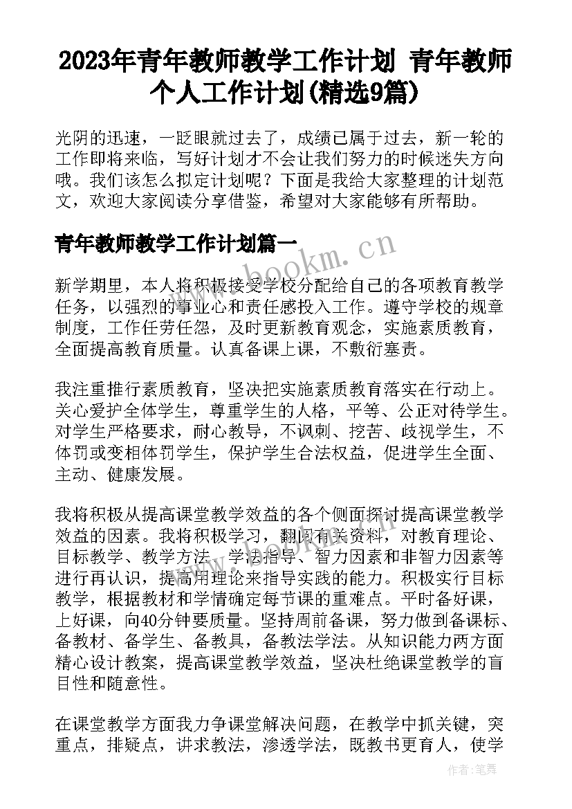 2023年青年教师教学工作计划 青年教师个人工作计划(精选9篇)