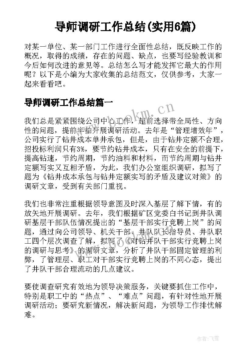 导师调研工作总结(实用6篇)