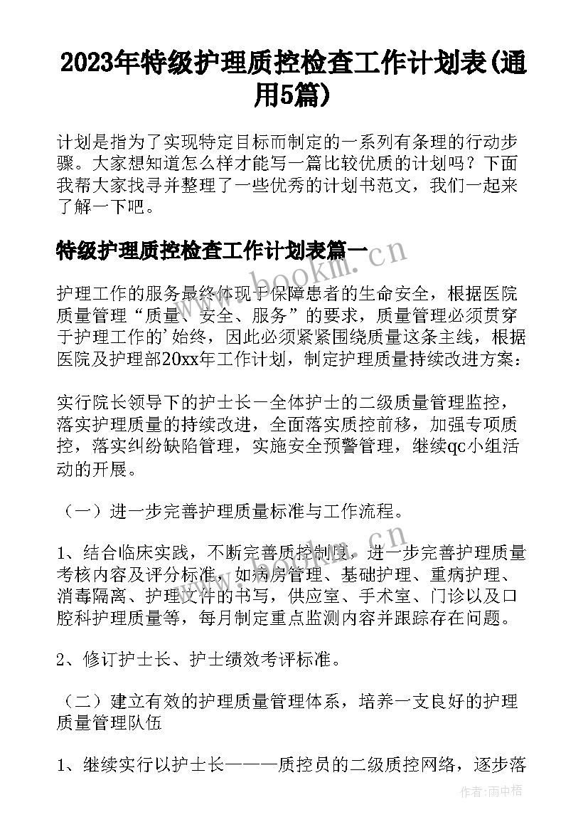 2023年特级护理质控检查工作计划表(通用5篇)