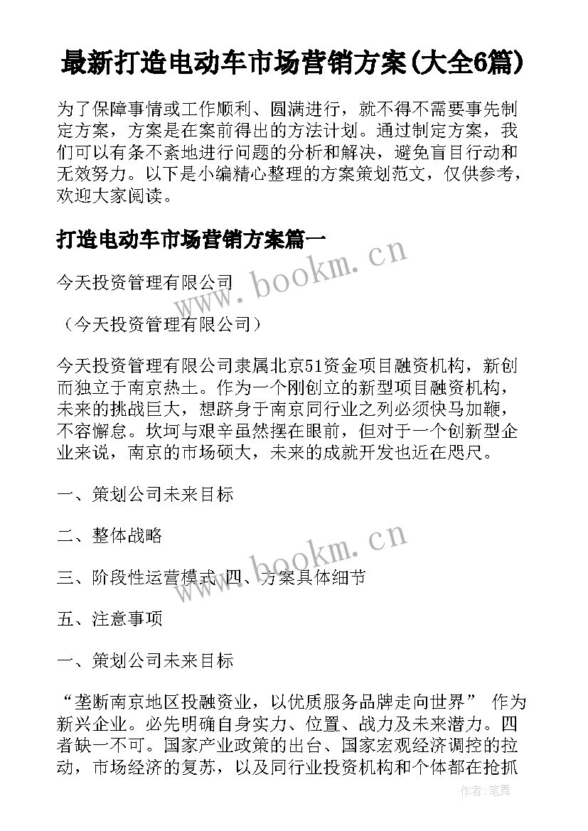 最新打造电动车市场营销方案(大全6篇)