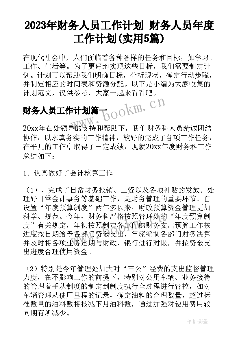 2023年财务人员工作计划 财务人员年度工作计划(实用5篇)