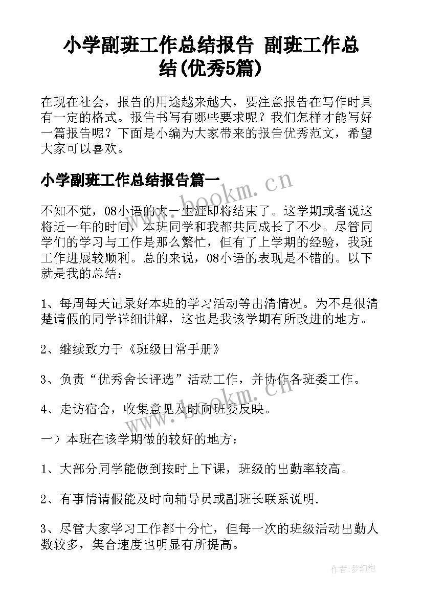 小学副班工作总结报告 副班工作总结(优秀5篇)