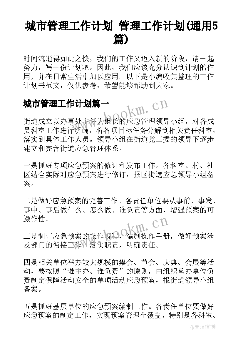 城市管理工作计划 管理工作计划(通用5篇)