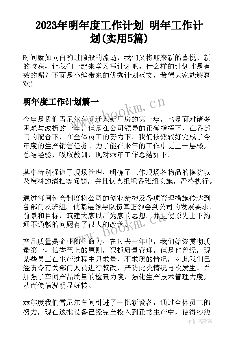 2023年明年度工作计划 明年工作计划(实用5篇)