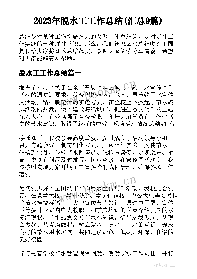 2023年脱水工工作总结(汇总9篇)