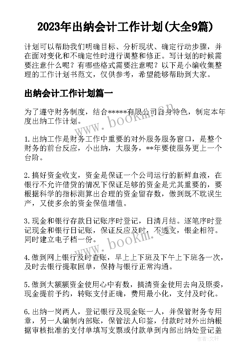 2023年出纳会计工作计划(大全9篇)