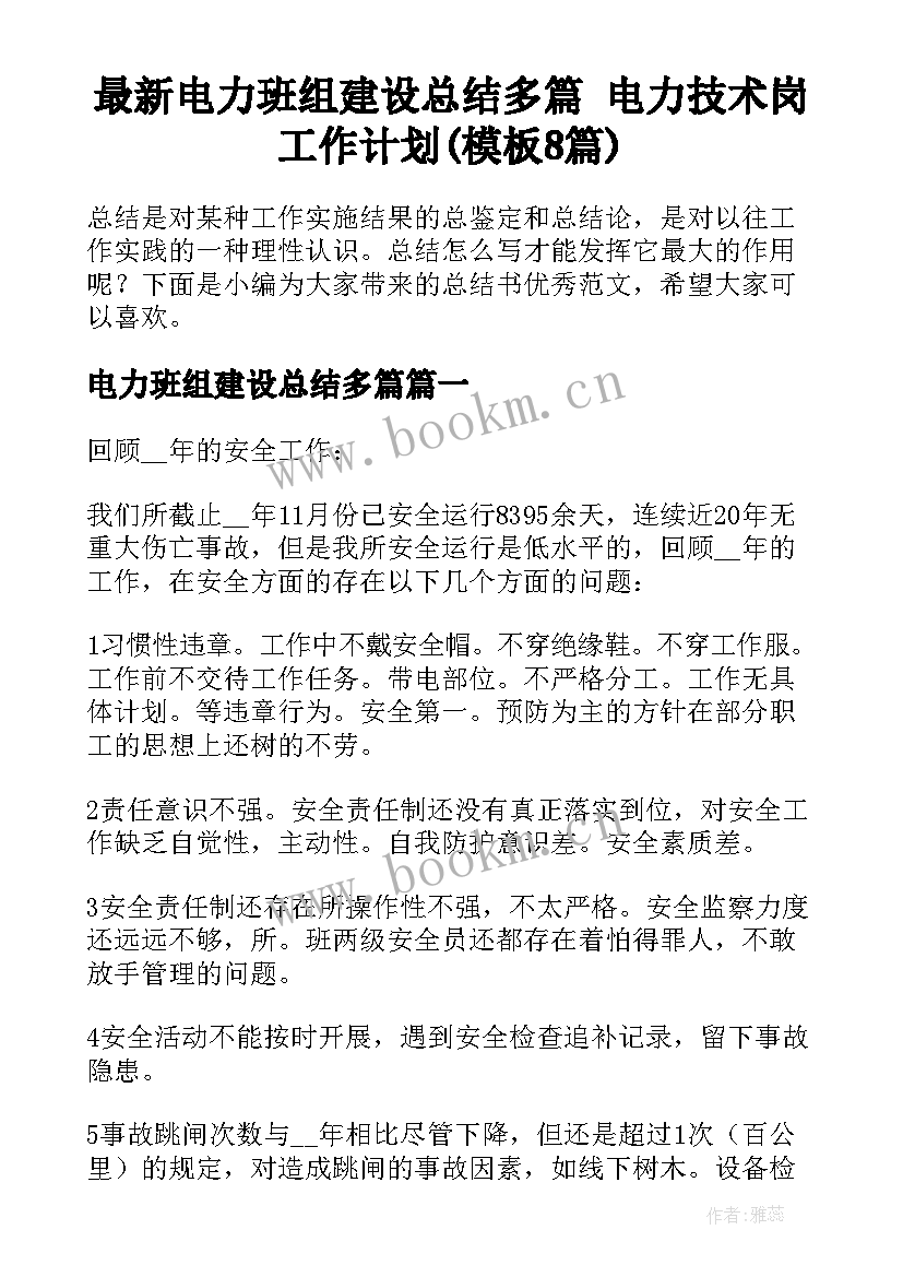 最新电力班组建设总结多篇 电力技术岗工作计划(模板8篇)