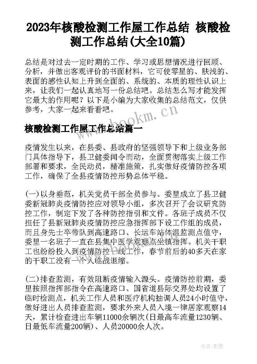 2023年核酸检测工作屋工作总结 核酸检测工作总结(大全10篇)