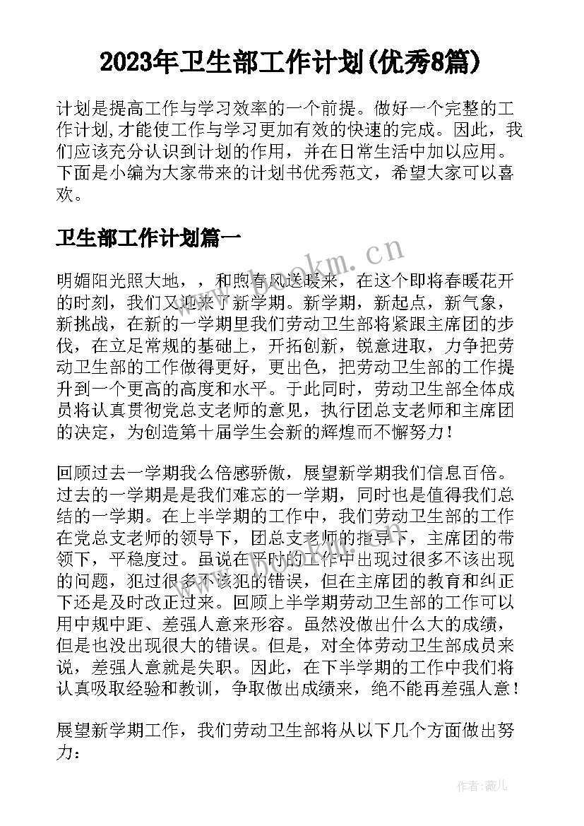 2023年卫生部工作计划(优秀8篇)