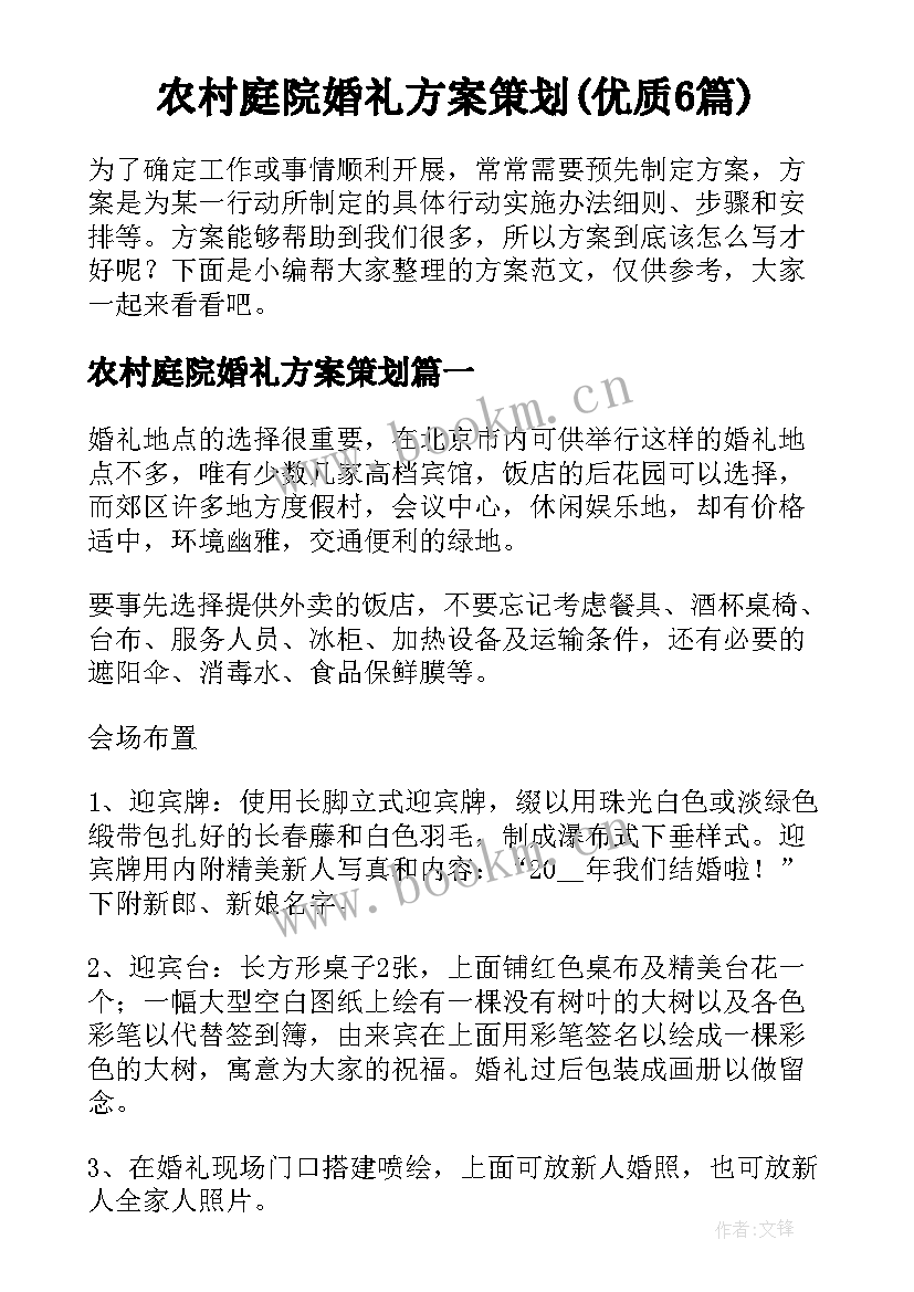 农村庭院婚礼方案策划(优质6篇)