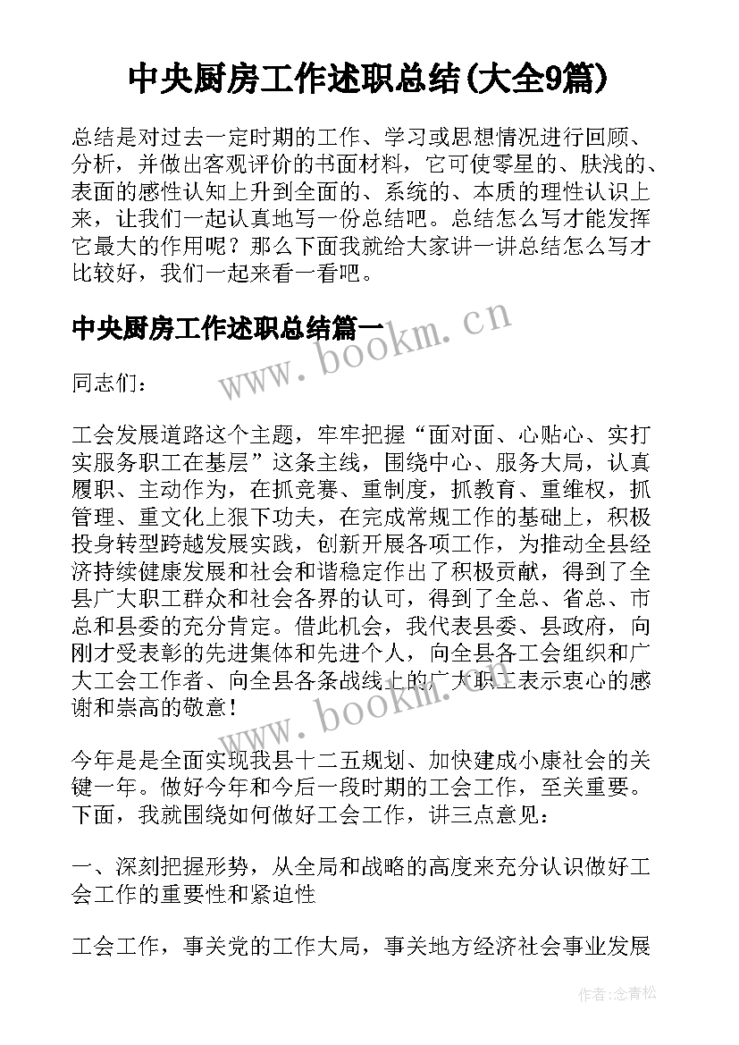 中央厨房工作述职总结(大全9篇)