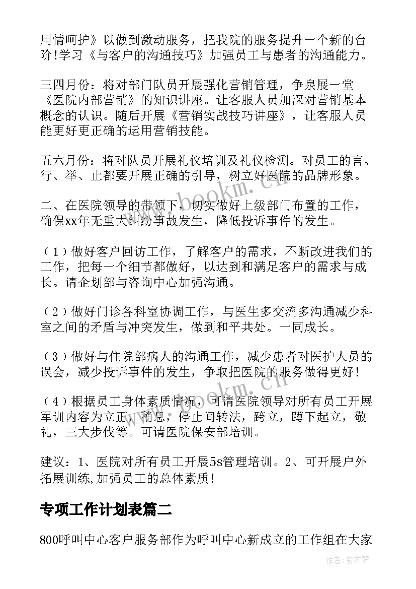 专项工作计划表(通用5篇)