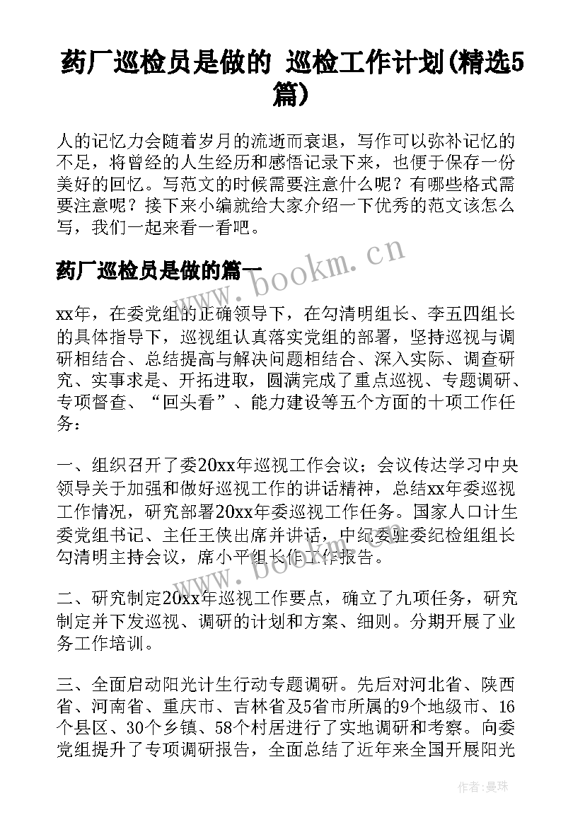 药厂巡检员是做的 巡检工作计划(精选5篇)