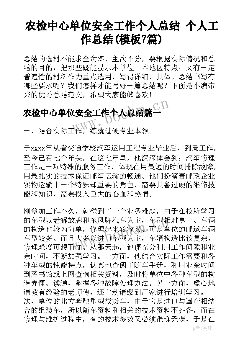 农检中心单位安全工作个人总结 个人工作总结(模板7篇)