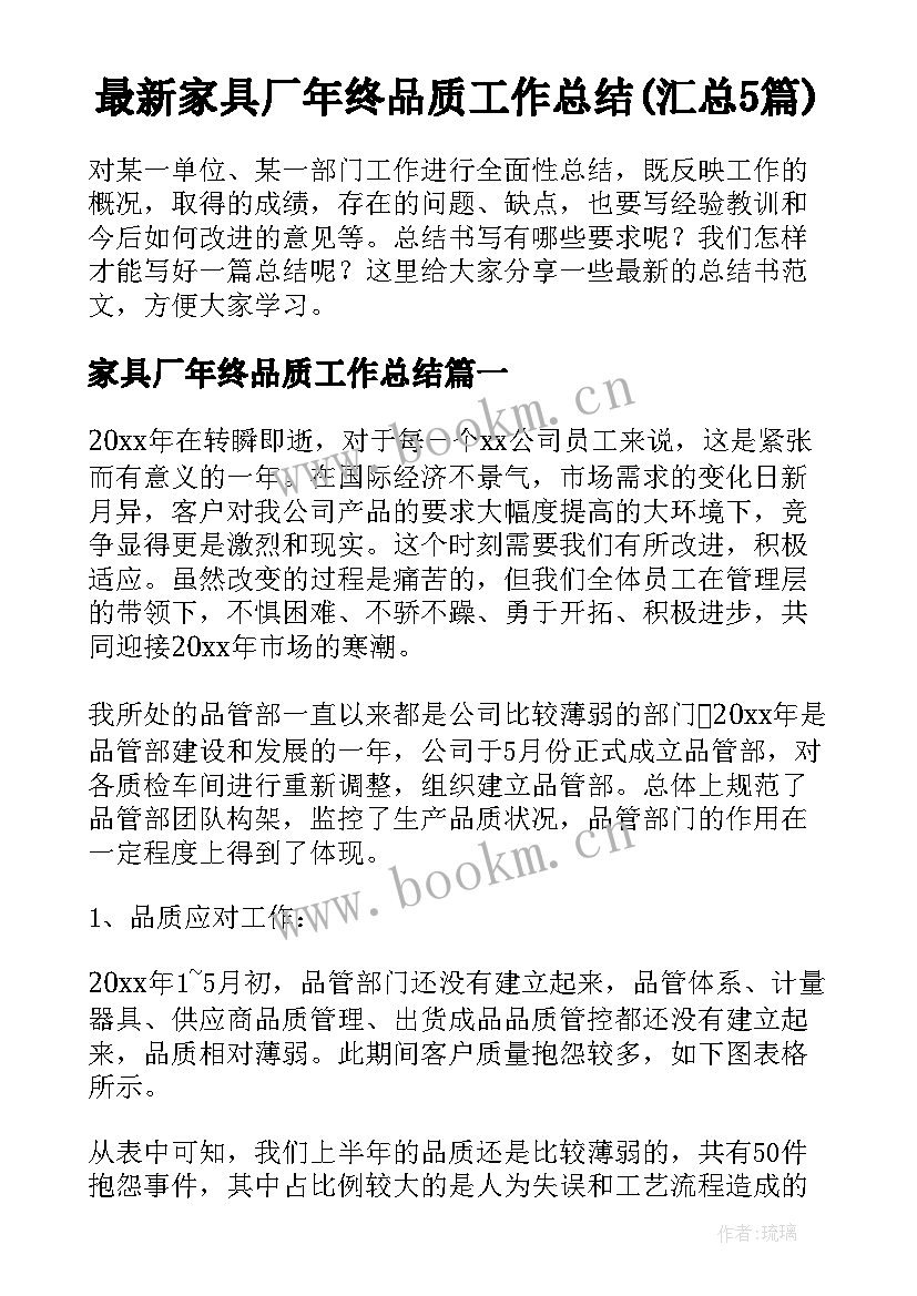 最新家具厂年终品质工作总结(汇总5篇)