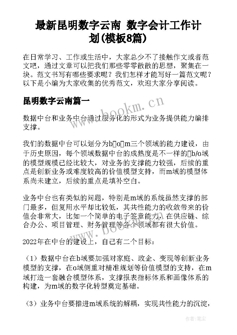 最新昆明数字云南 数字会计工作计划(模板8篇)