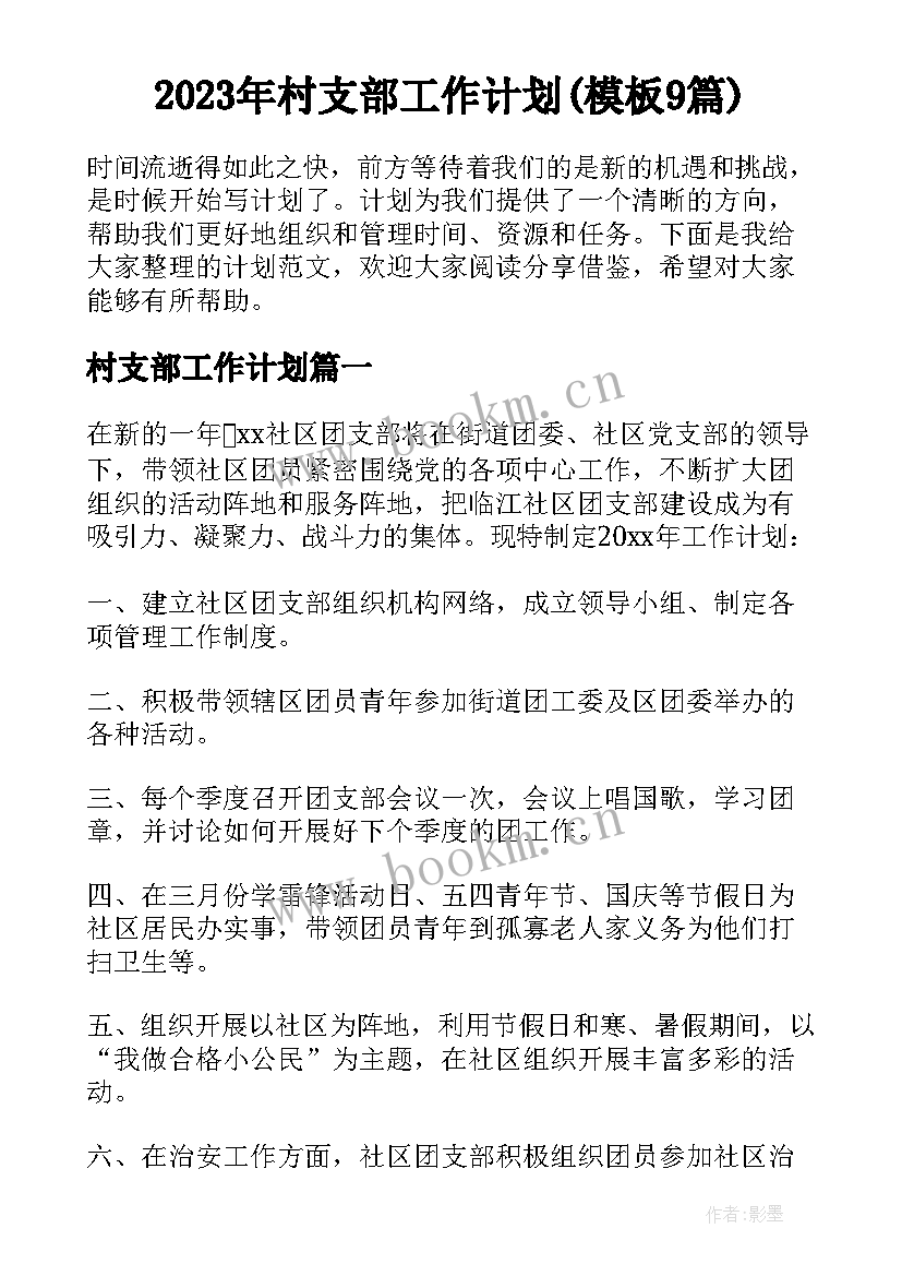 2023年村支部工作计划(模板9篇)