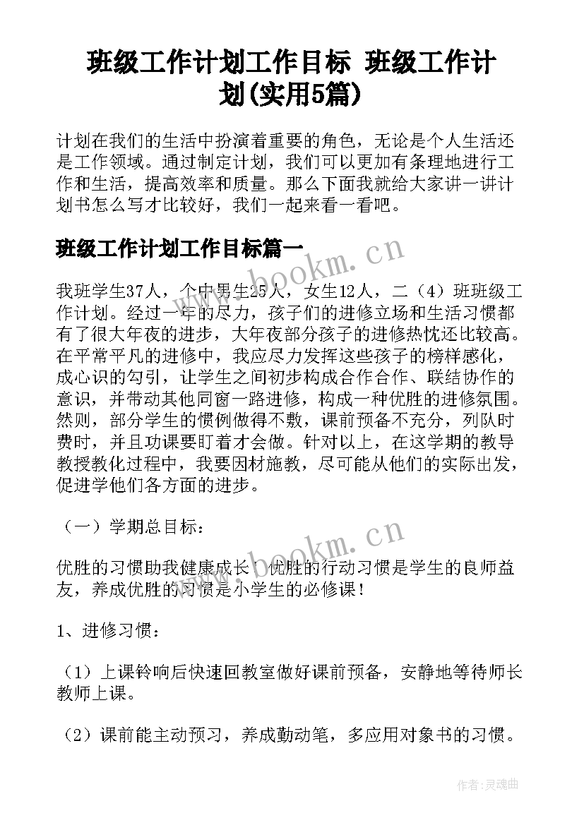 班级工作计划工作目标 班级工作计划(实用5篇)