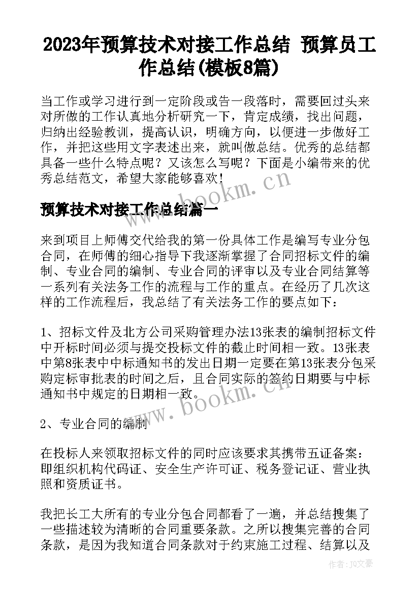 2023年预算技术对接工作总结 预算员工作总结(模板8篇)