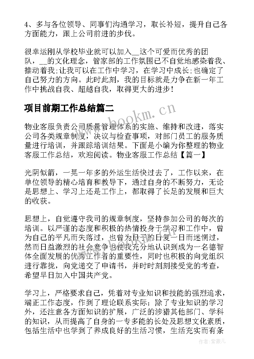 2023年项目前期工作总结 前期物业客服工作总结(模板8篇)