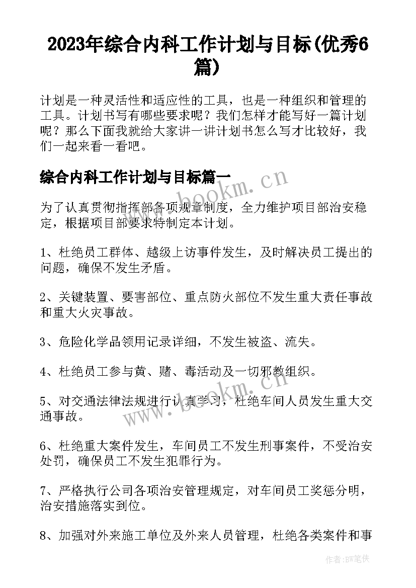 2023年综合内科工作计划与目标(优秀6篇)