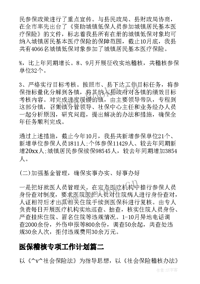 医保稽核专项工作计划(大全5篇)