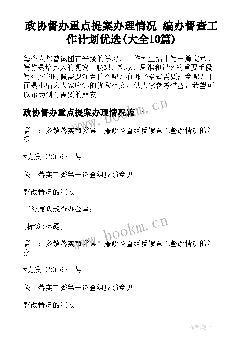 政协督办重点提案办理情况 编办督查工作计划优选(大全10篇)