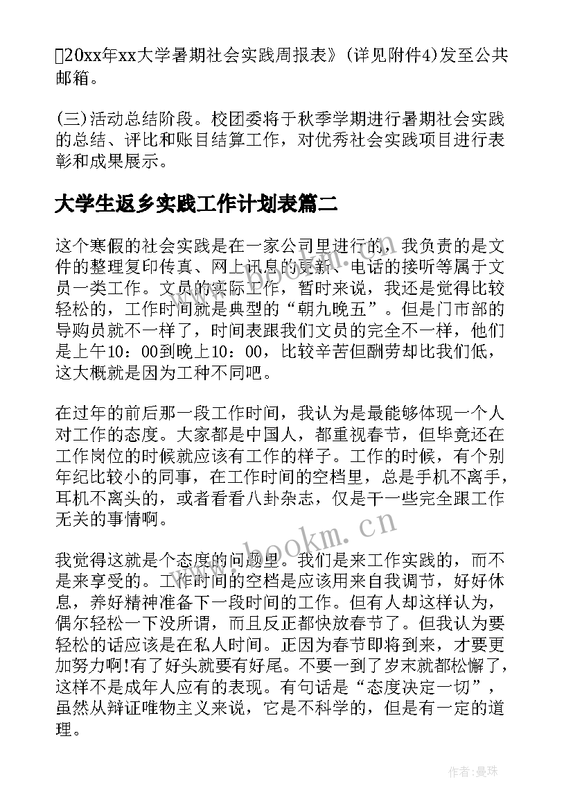 2023年大学生返乡实践工作计划表(汇总5篇)