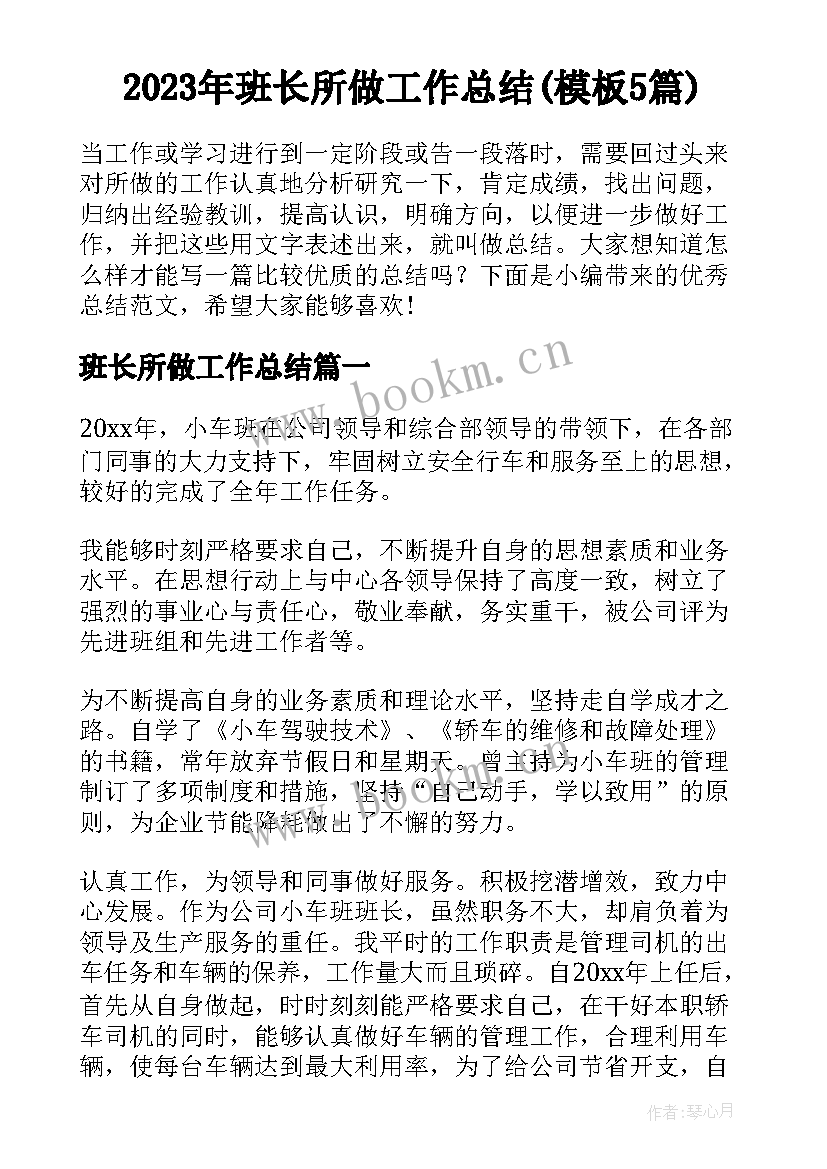 2023年班长所做工作总结(模板5篇)