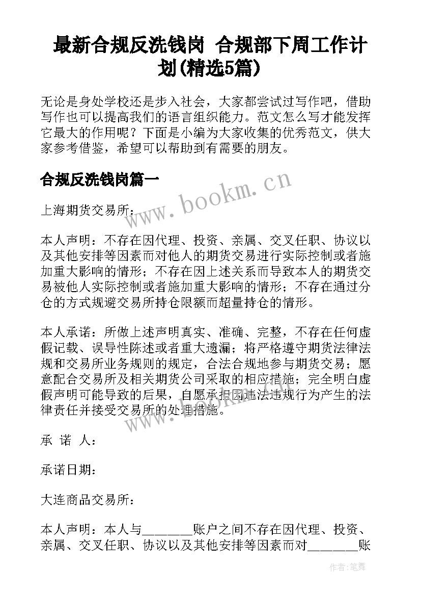 最新合规反洗钱岗 合规部下周工作计划(精选5篇)