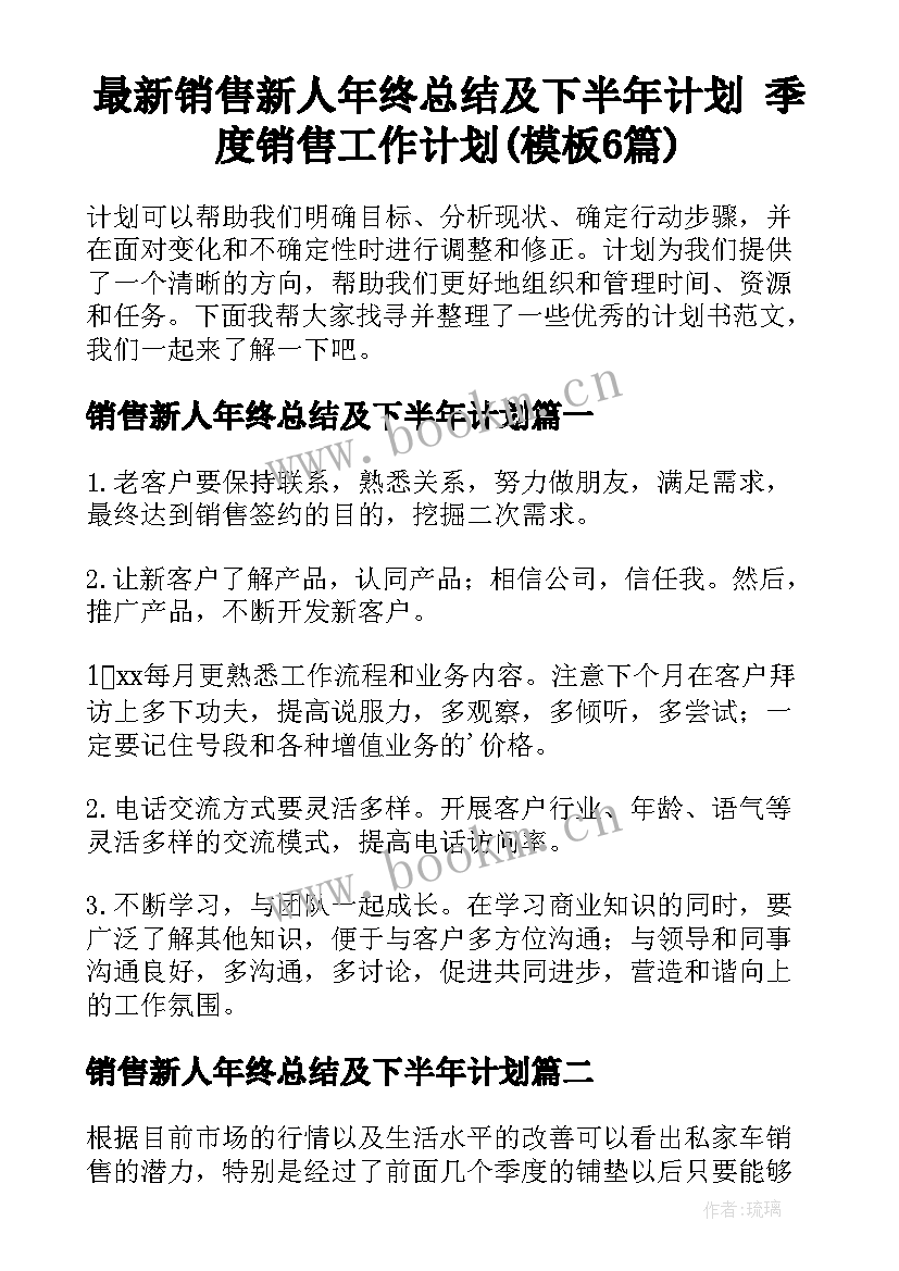 最新销售新人年终总结及下半年计划 季度销售工作计划(模板6篇)