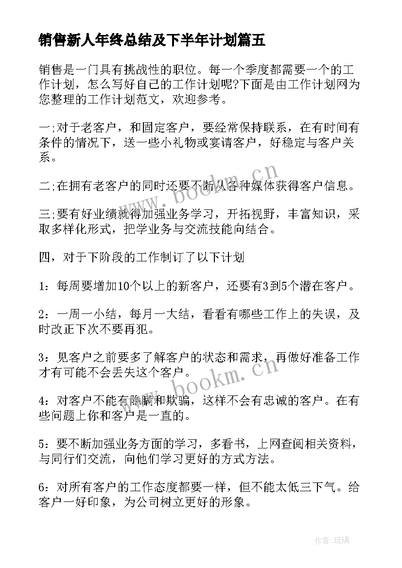 最新销售新人年终总结及下半年计划 季度销售工作计划(模板6篇)