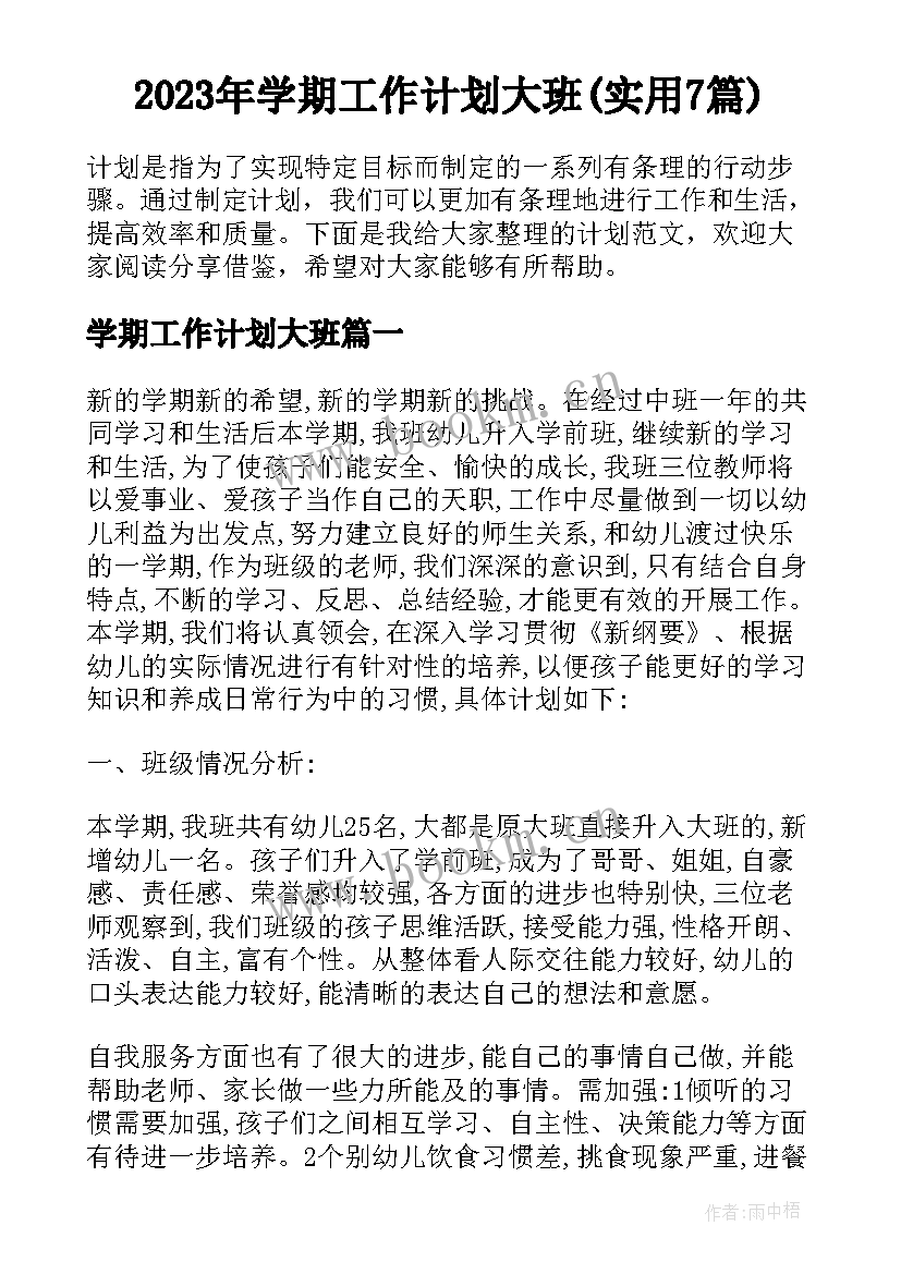 2023年学期工作计划大班(实用7篇)