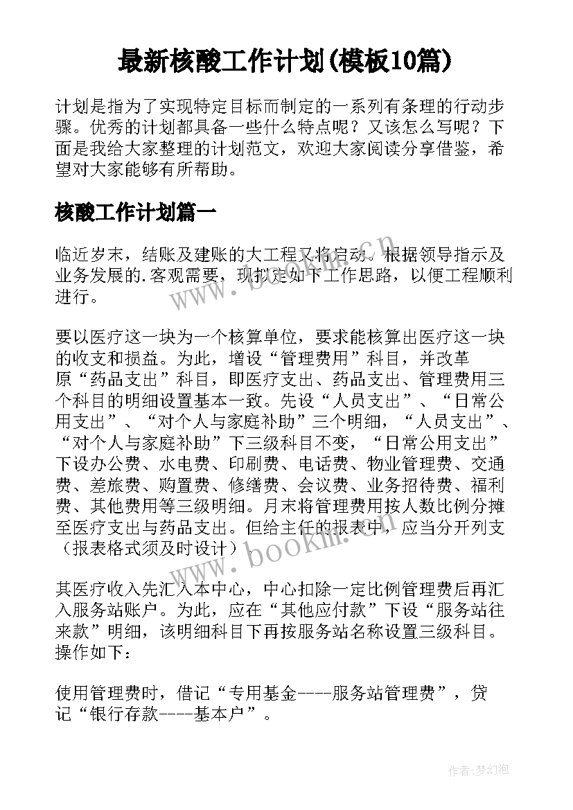 最新核酸工作计划(模板10篇)