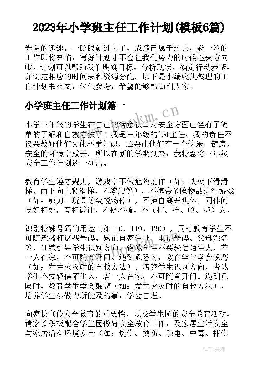 2023年小学班主任工作计划(模板6篇)