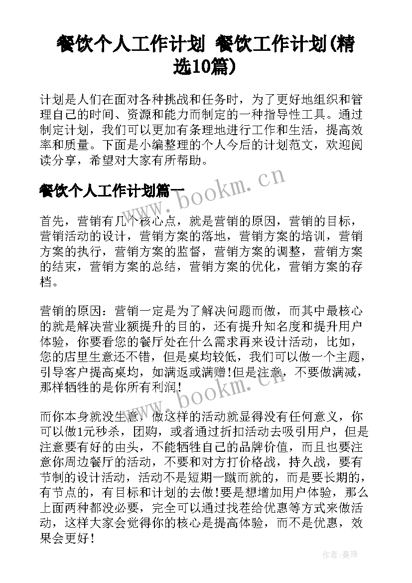 餐饮个人工作计划 餐饮工作计划(精选10篇)