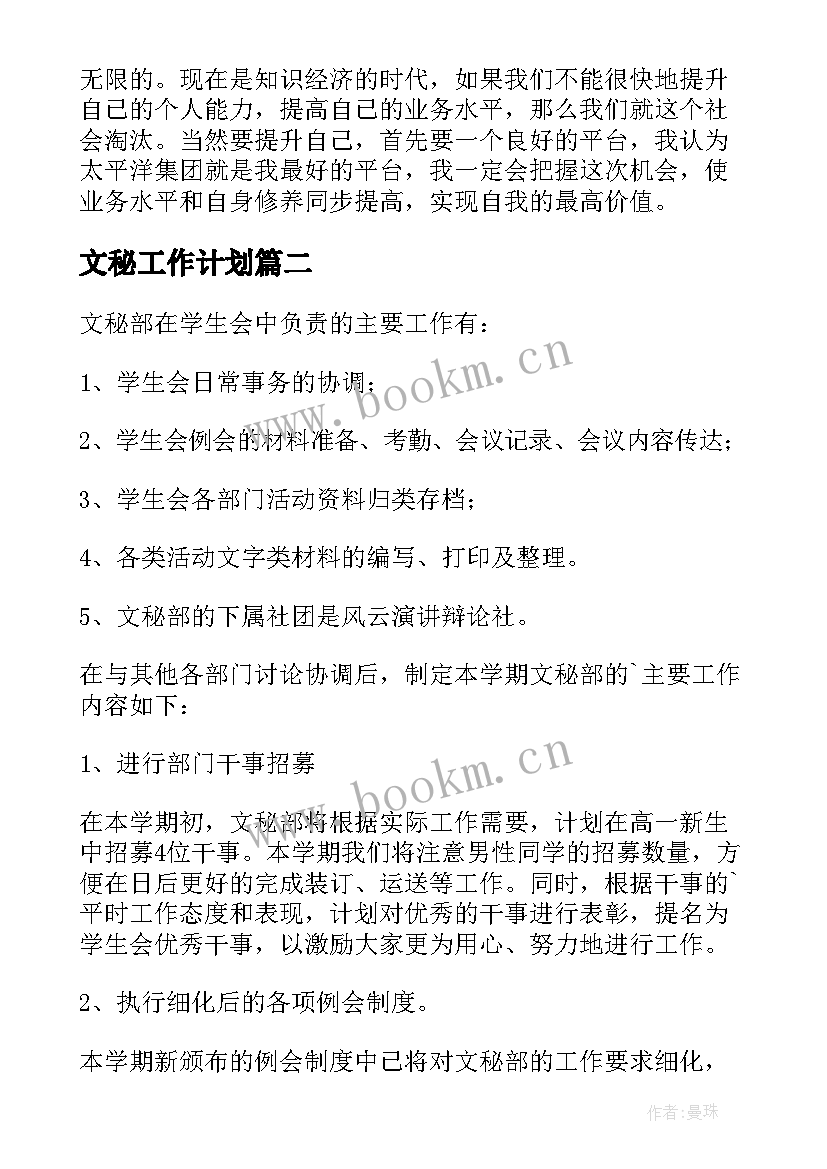 最新文秘工作计划(优秀5篇)