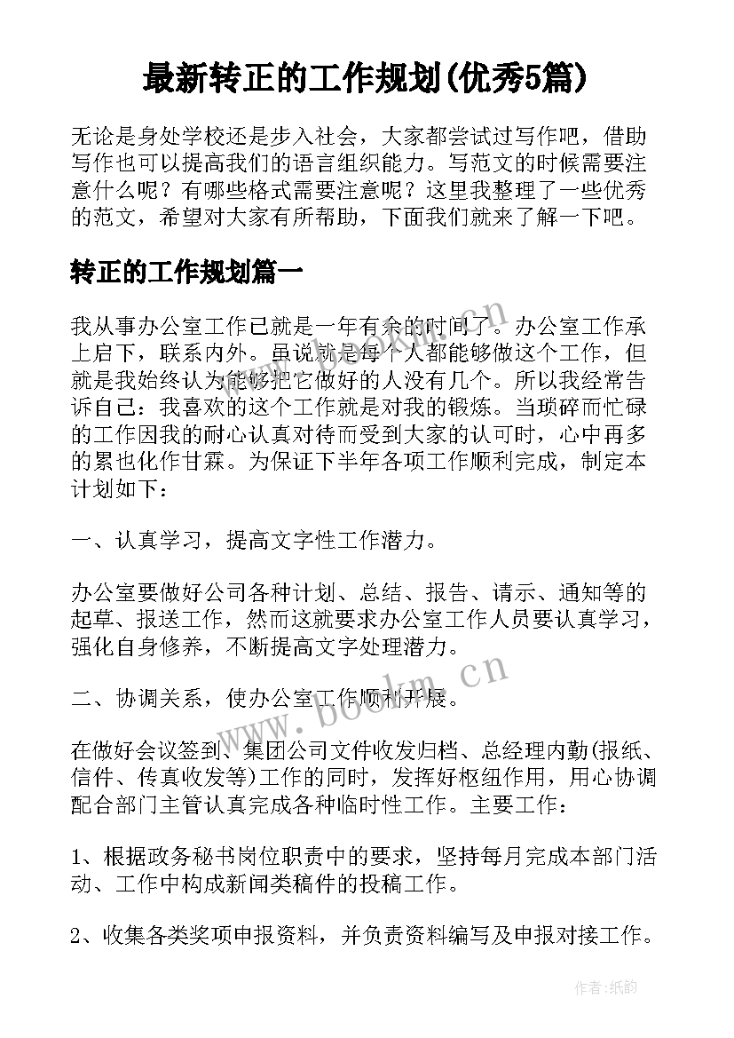 最新转正的工作规划(优秀5篇)