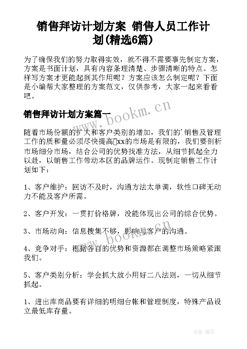 销售拜访计划方案 销售人员工作计划(精选6篇)