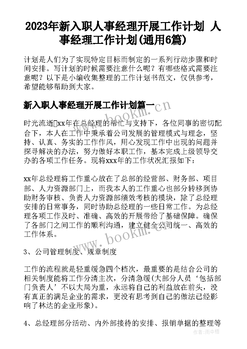 2023年新入职人事经理开展工作计划 人事经理工作计划(通用6篇)