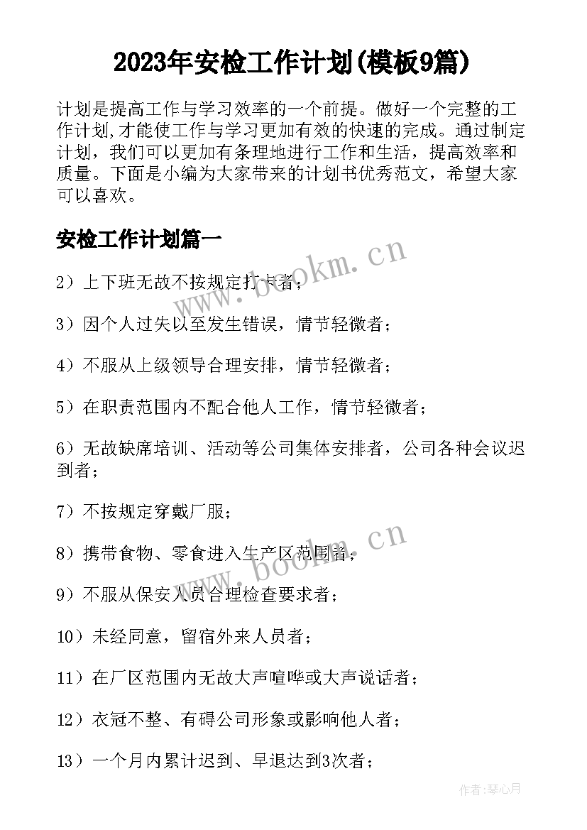 2023年安检工作计划(模板9篇)