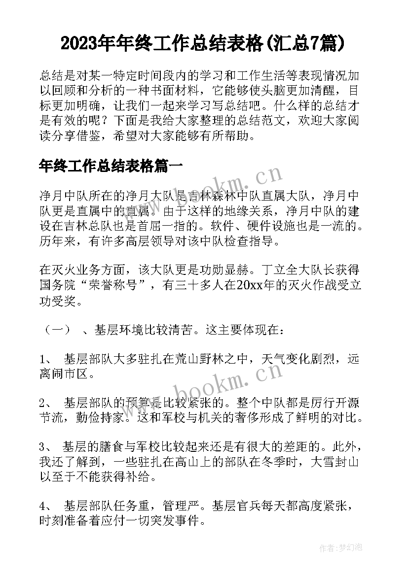 2023年年终工作总结表格(汇总7篇)