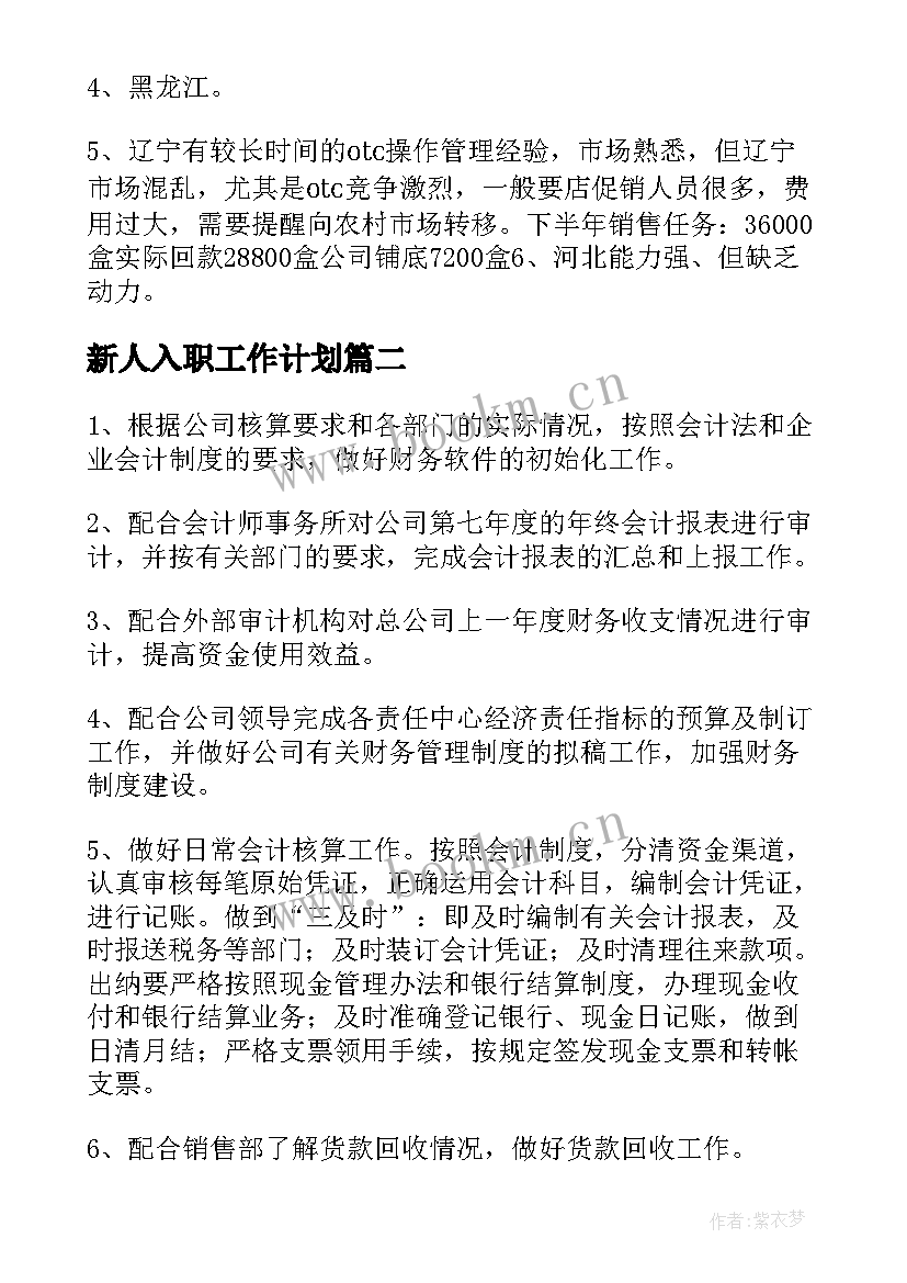 2023年新人入职工作计划(模板6篇)