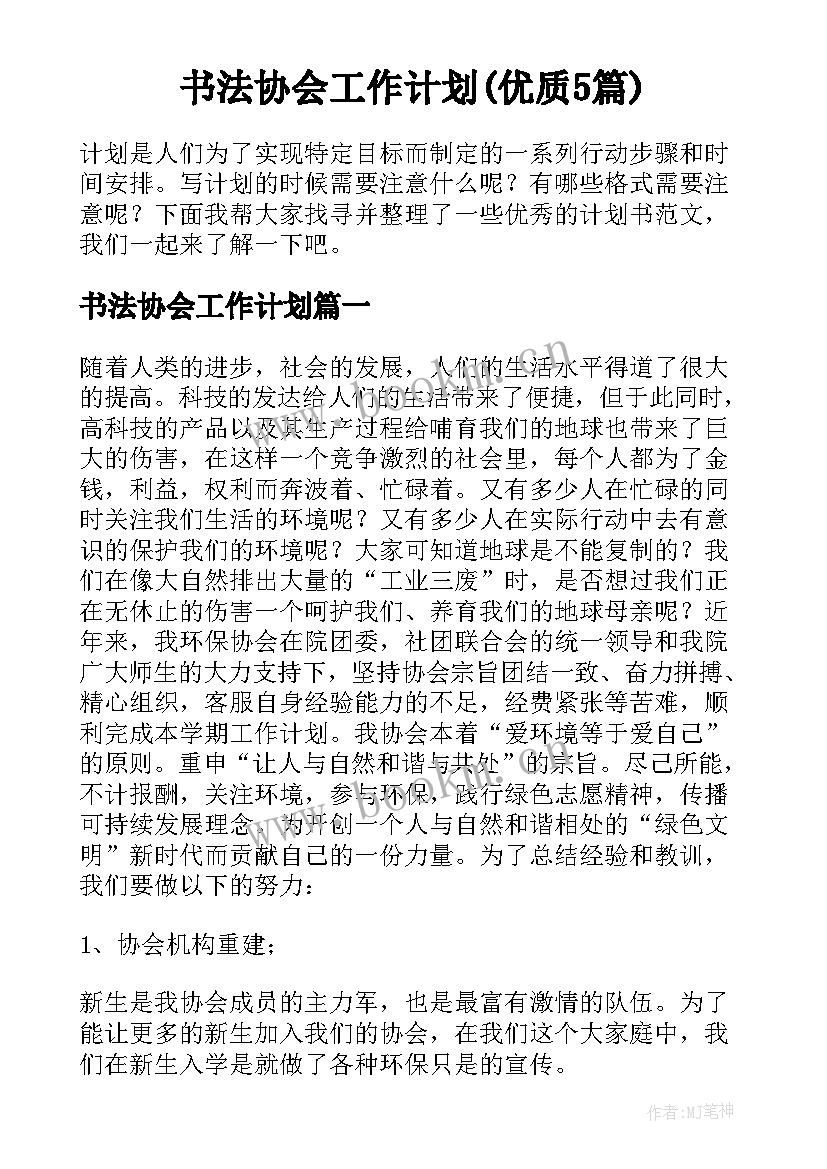 书法协会工作计划(优质5篇)