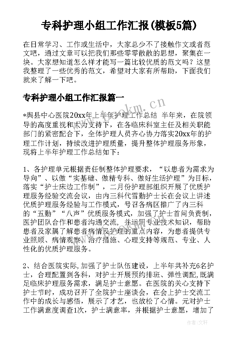 专科护理小组工作汇报(模板5篇)