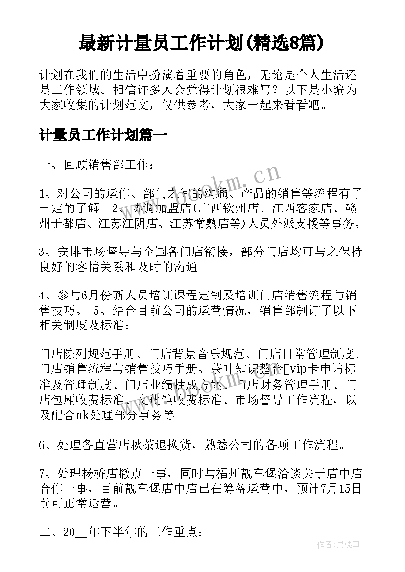 最新计量员工作计划(精选8篇)